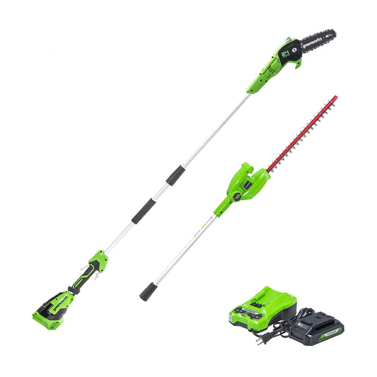 24V 8" Cordless Battery Polesaw & Pole Hedge Trimmer Combo Kit w/ 2Ah USB Battery and Charger
