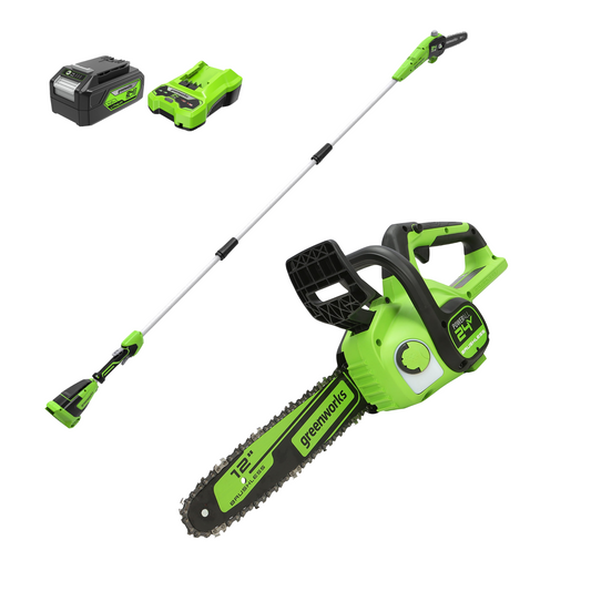 24V 12" Cordless Battery Chainsaw & 8" Pole Saw w/ 4.0Ah USB Battery & Charger